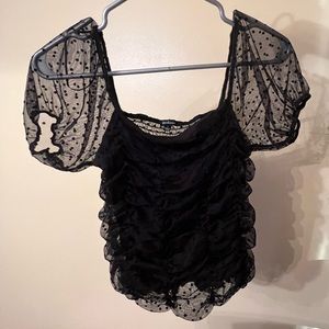 Ambiance Ruched Floral Mesh Puff Sleeve Top